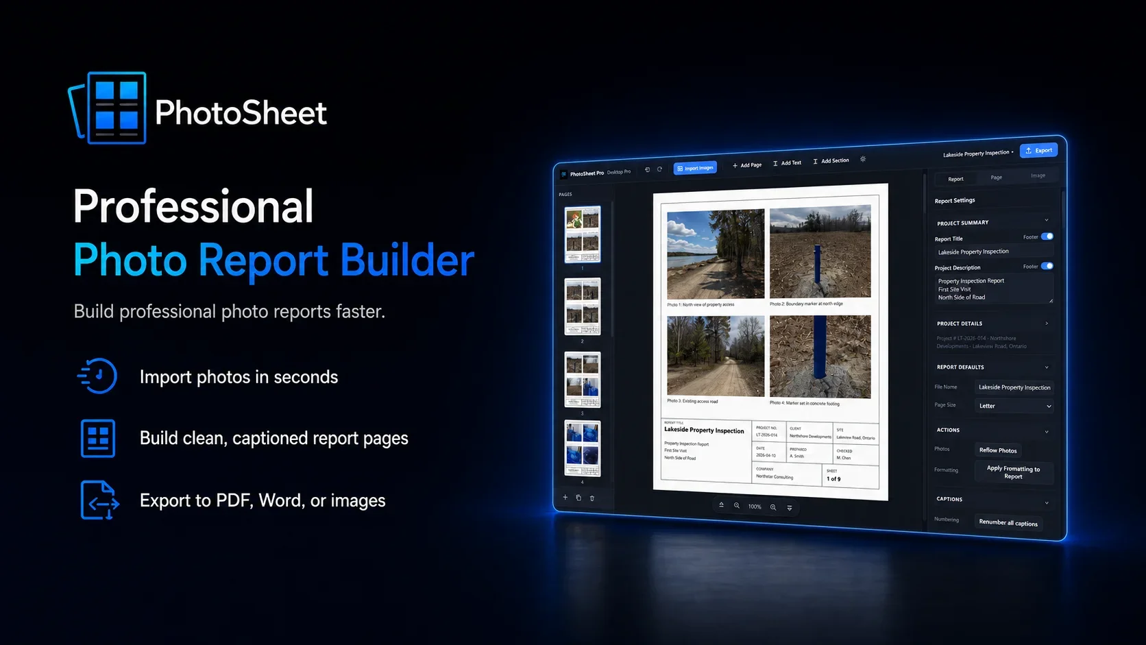 PhotoSheet Reports Pro photo report workspace