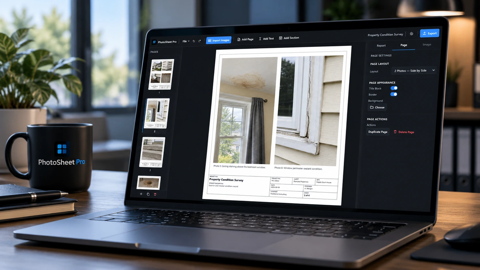 A laptop running PhotoSheet with a property condition photo report, page thumbnails, and layout controls in an office workspace.