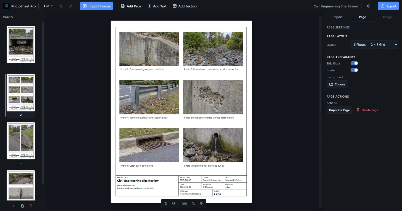 Six-photo engineering page with multiple report thumbnails and layout settings