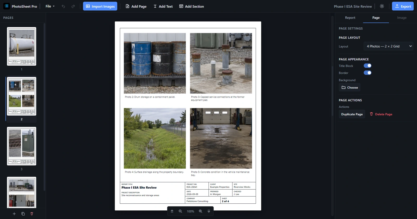PhotoSheet project details and the report title block
