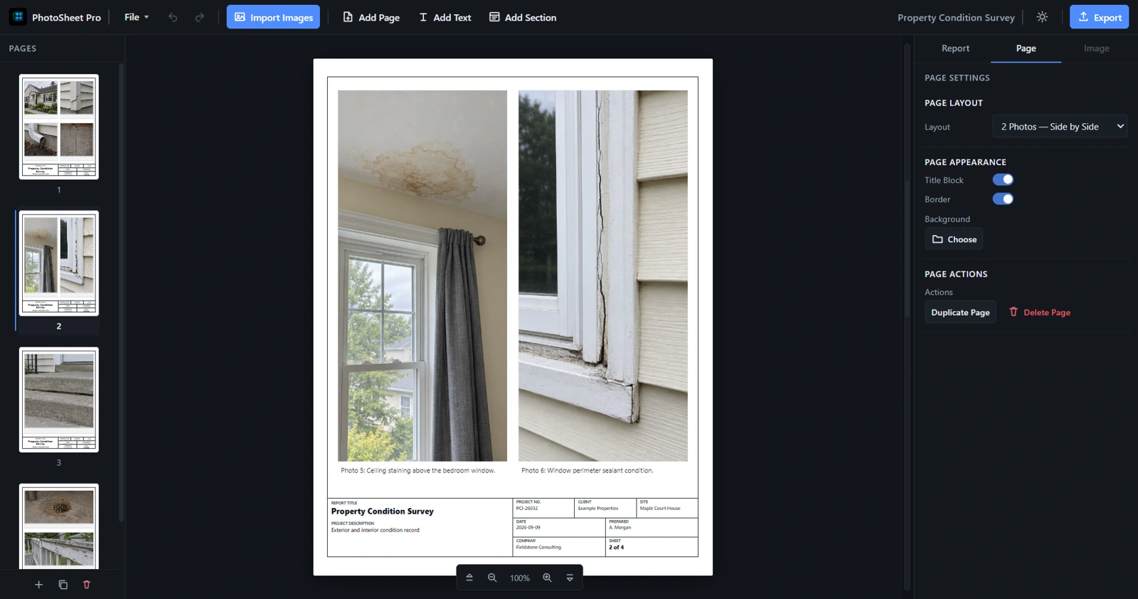 Imported property photos arranged with captions in PhotoSheet