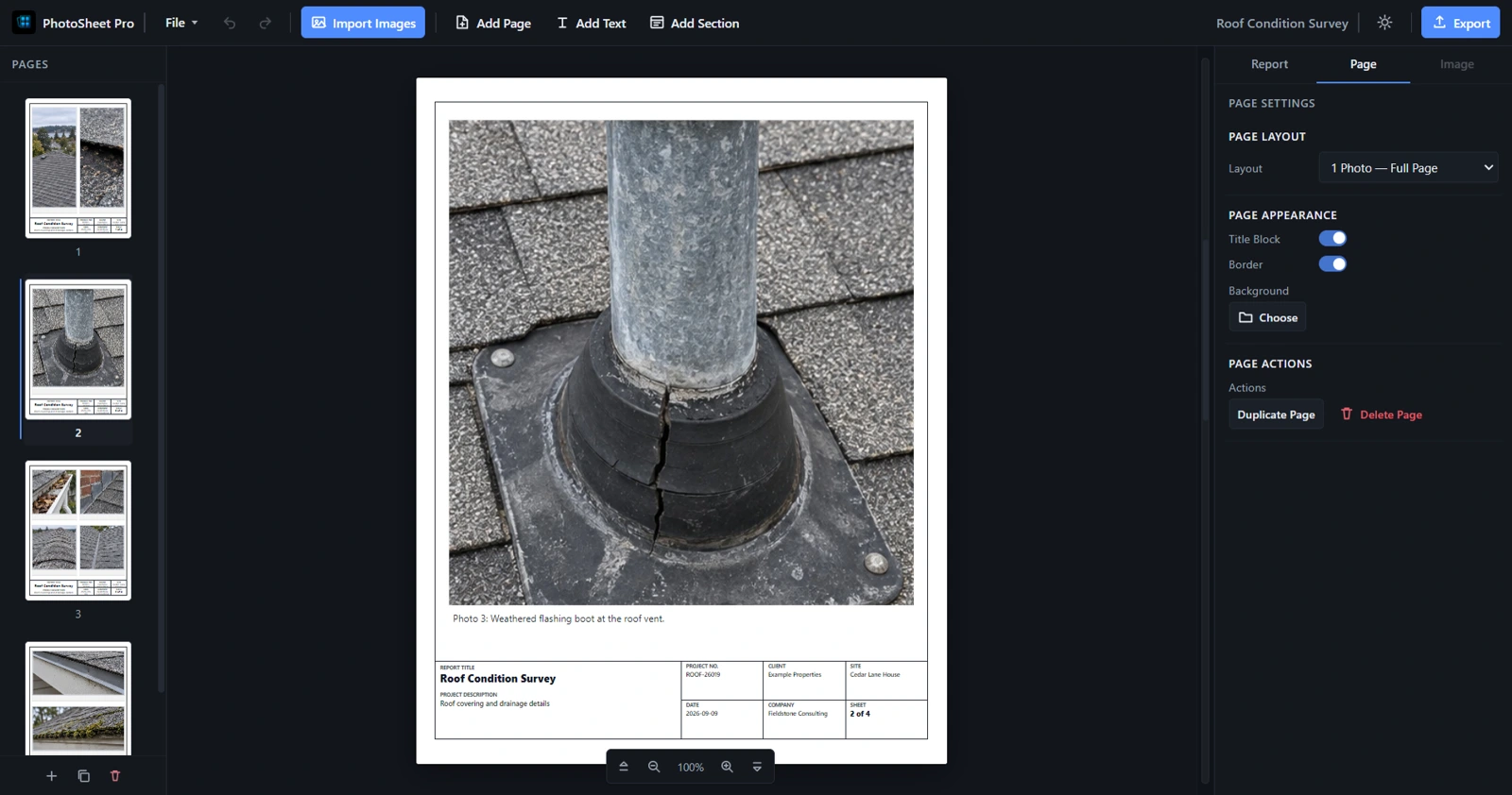 Single-photo roofing page in a four-page report